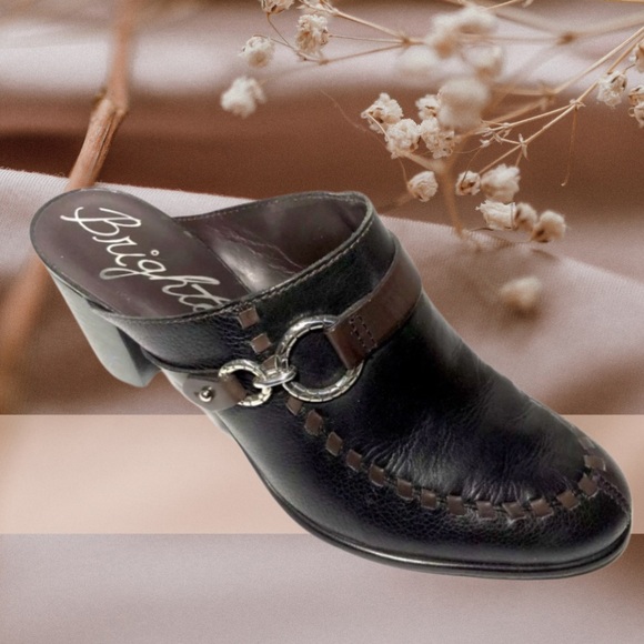 New Brighton Shoes Womens Sz9M Gemini Mules Blk/Brown Leather Block Heel SlipOns - Picture 1 of 16